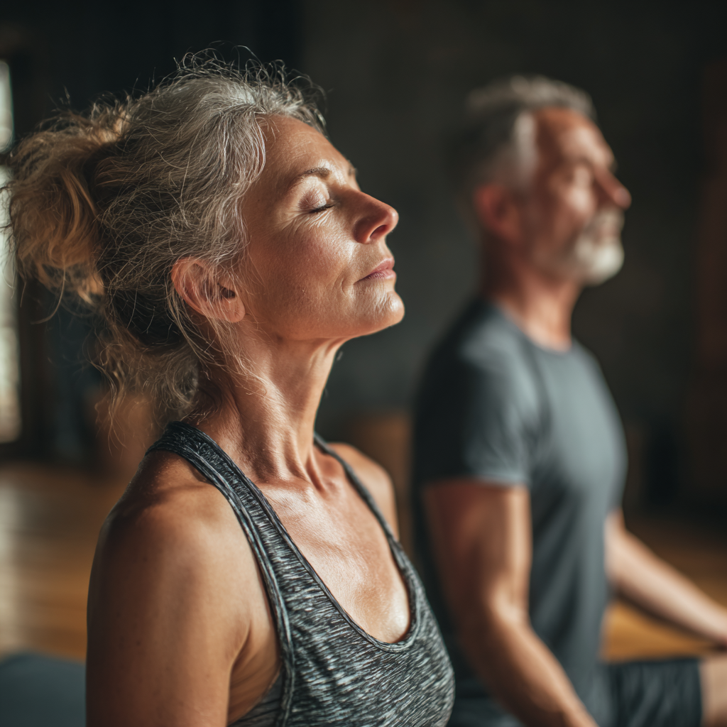 Middle-aged adults practicing gentle yoga poses in natural lighting