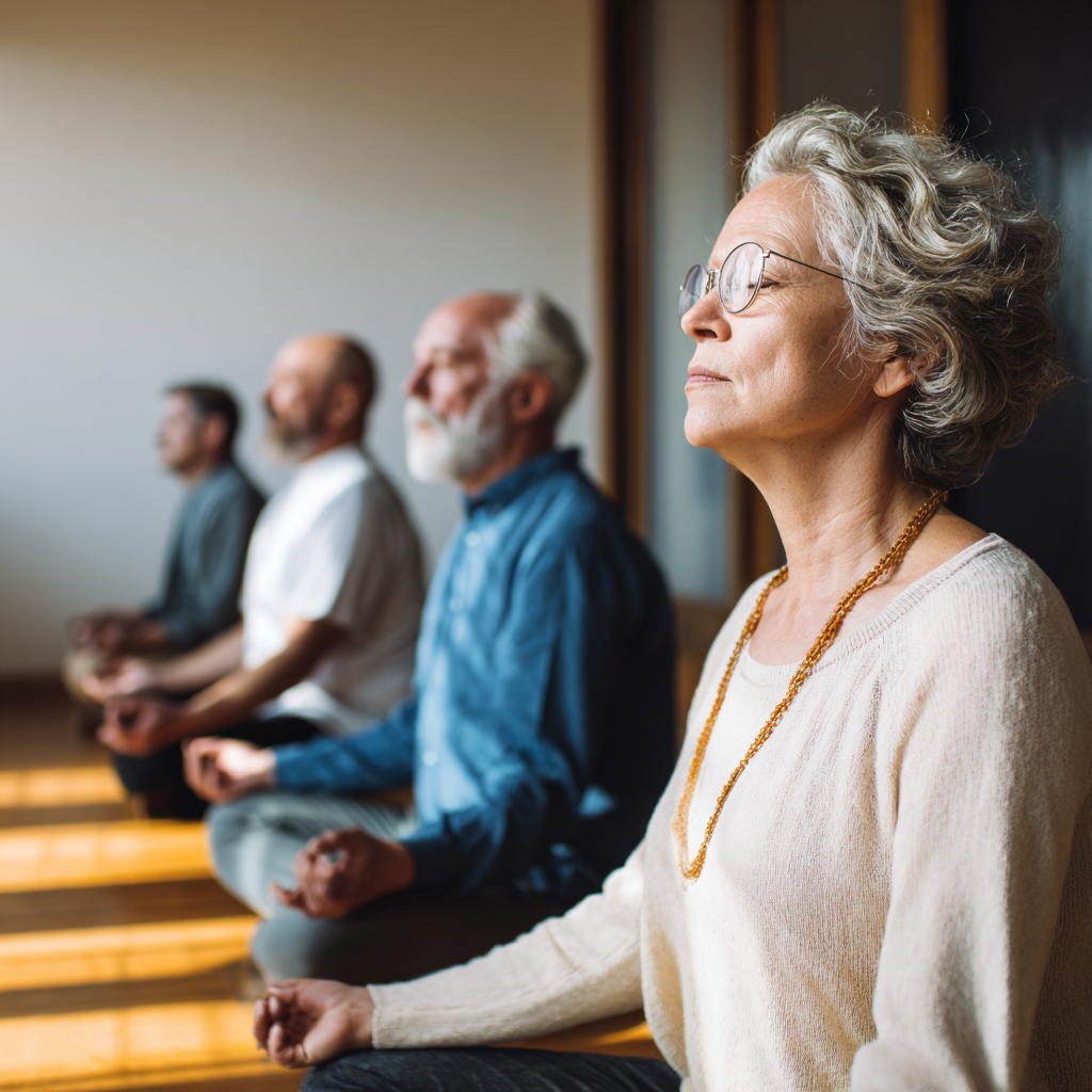 Older adults in meditation and gentle stretching poses in serene environment